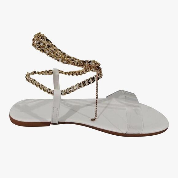 Greek Goddess White Clear Open Toe Gold Chain Lace Up Sandals US 12 / 12.5 - Picture 2 of 6